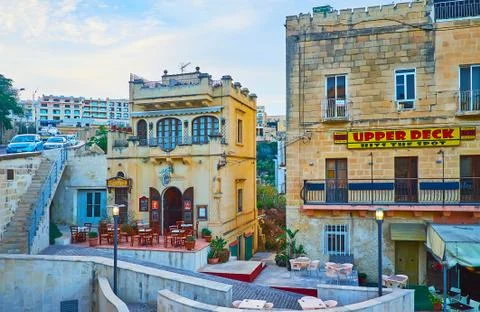 Old edifices in coastal neighborhood, on June 15, 2018 in Ghajnsielem, Gozo,  Stock Photos
