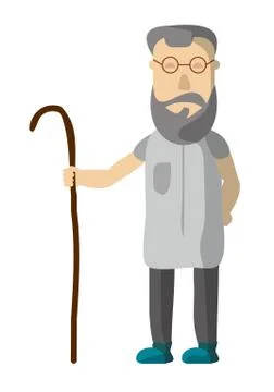 Old elderly man with a beard and a cane in his hand. Illustration element Illustrazione stock