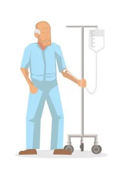 Old elderly patient walking with a drip on stand in the hospital. Stock Illustration