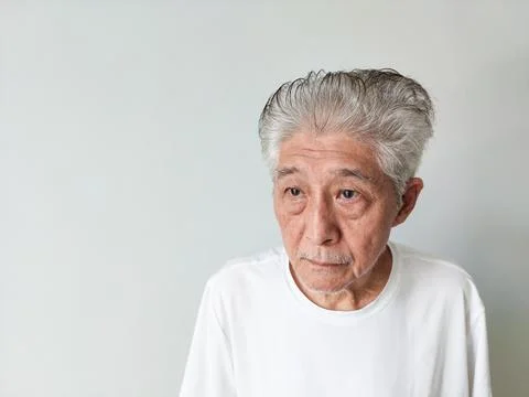 Old Elderly Thin Asian Man Standing Against Wall Background 스톡 사진
