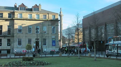 Old Eldon Square, Newcastle looking towards Monument busy city street Stock Footage 1086646