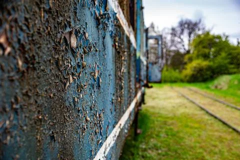 Old electric train wagon perspective background Stock Photos
