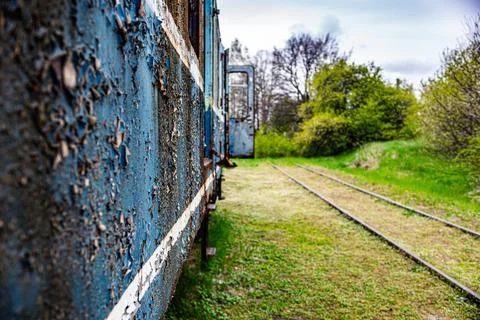 Old electric train wagon perspective background Stock Photos