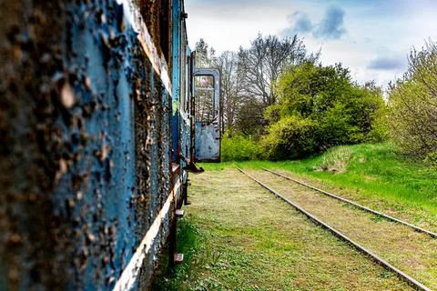 Old electric train wagon perspective background Фото