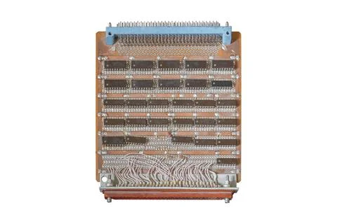 Old electrical circuit board of computer or electronic calculator isolated Stock Photos