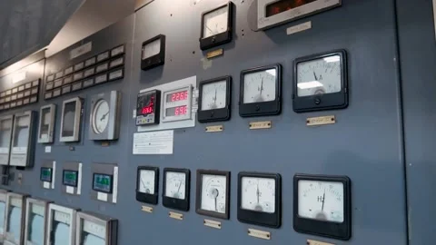 Old electrical console with instruments for controlling a coal-fired power plant Stock Footage 222943510