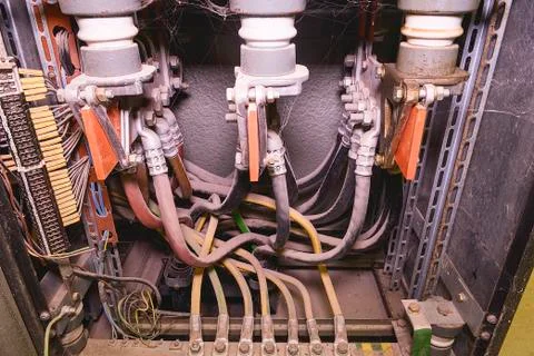 Old electrical distribution panel. Industrial distribution case. Close-up Stock-Fotos
