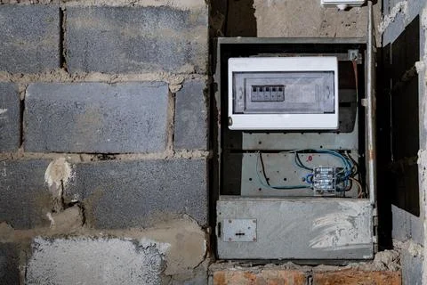 Old electrical fuse box on the basement wall, power outage repair in an old.. Stock Photos
