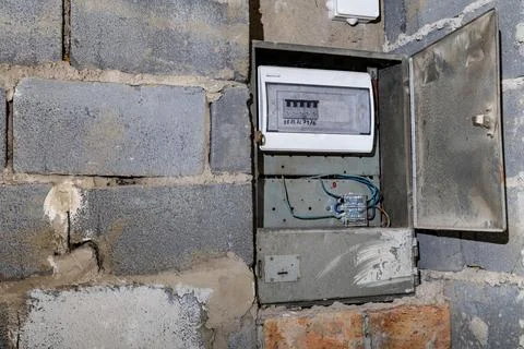 Old electrical fuse box on the wall in the basement, removing power failure.. Stock Photos