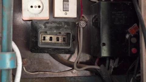 Old electrical panel with sockets and circuit breaker electric Video stock 313792918