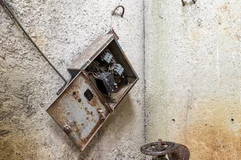 An old electrical panel with switches or fuses torn off hangs crookedly on a  Stock Photos