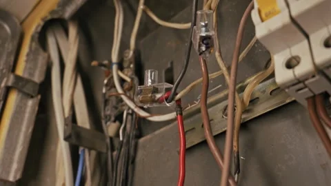 Old Electrical Panel Wiring With Exposed Cables And Circuit Breakers Stock Footage 326036192