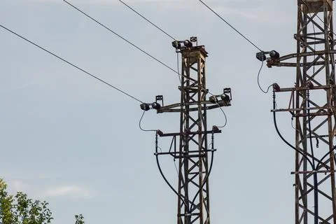 Old Electricity Distribution Pylons with Ceramic Insulators 스톡 사진