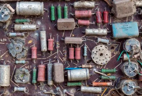 Old electronic components assembled on the board. Stock Photos
