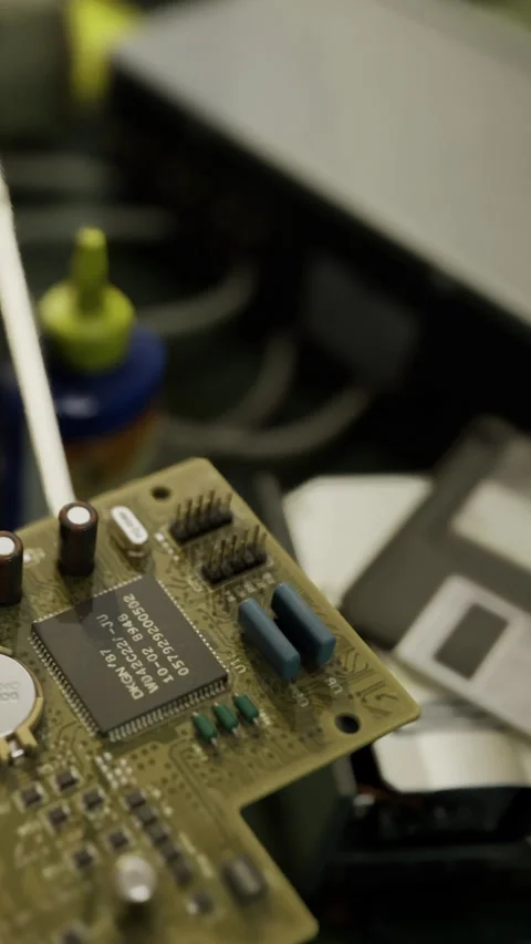 Old electronics and circuit board on a work surface with tools Stock Footage 334188729