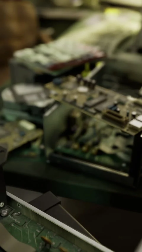 Old electronics and circuit boards scattered on a workbench in a workshop Stock Footage 321316927