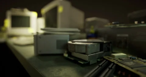 Old electronics and computer parts arranged on a desk in a dim setting Stock Footage 317516251