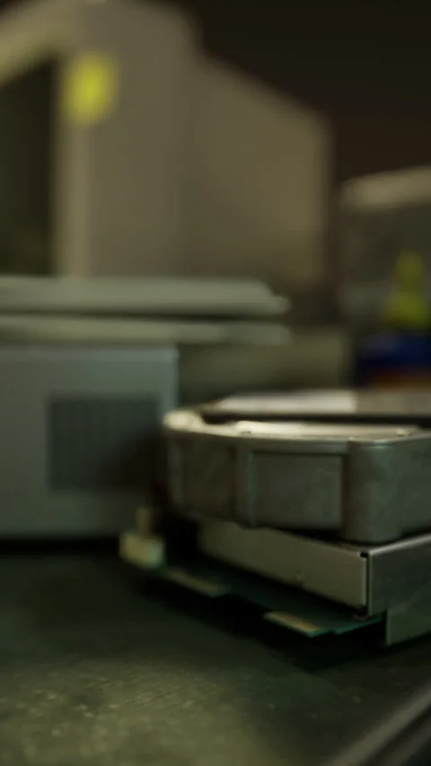 Old electronics and computer parts arranged on a desk in a dim setting Stock Footage 321316937
