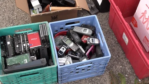 Old electronics waste for recycling at garbage dump Video stock 123934209