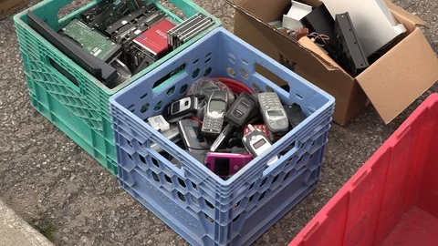 Old electronics waste for recycling at garbage dump Video stock 123935555