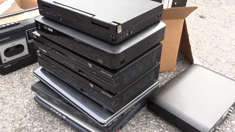 Old electronics waste for recycling at garbage dump Video stock 123935684