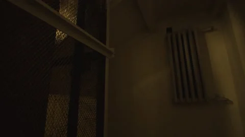 Old elevator is moving in house. Stock footage. Old lift is operated in Stock Footage 145249601
