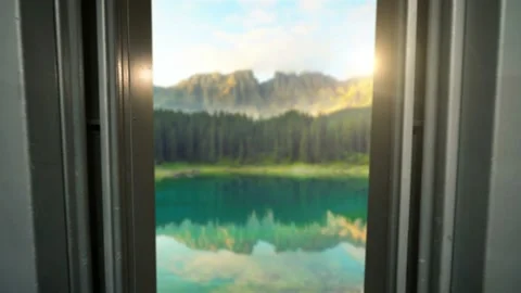 Old Elevator Open the Doors and goes to the Lake Carezzo in the Dolomites Alps Stock Footage 153230174