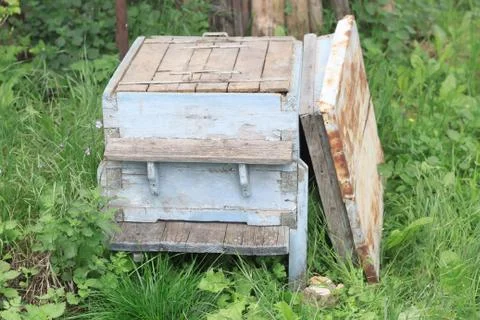 Old empty beehive in the garden with open lid, no bees inside, close view	 Stock Photos