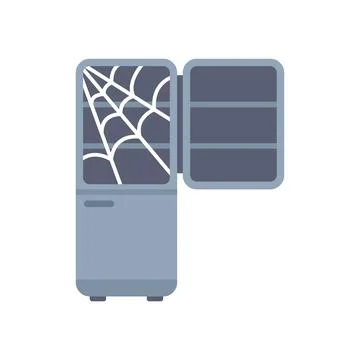 Old empty fridge with cobwebs inside is open showing nothing inside Stock Illustration