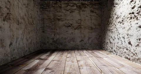 An old empty house with cracked plaster and floor boards 3d rendering Illustrazione stock