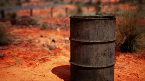 Old empty rusted barrel on sand Illustrazione stock