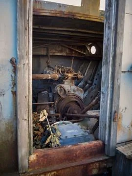 Old engine in the interior of a ship Stock Photos