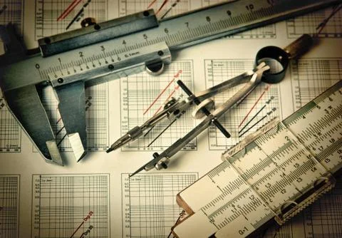 Old engineering tools on a technical drawing Foto stock