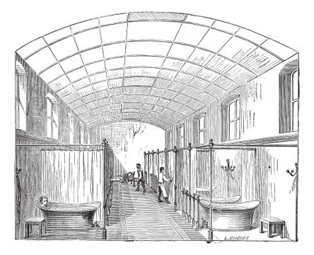 Old engraved illustration of the hall for single bath in Hopital Saint-Louis イラスト素材