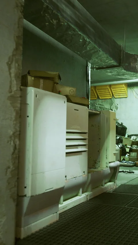 Old equipment is stored in a basement with boxes and tools present Stock Footage 339940587