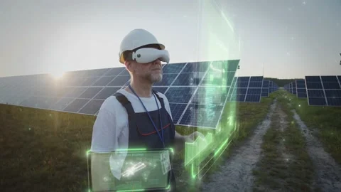 Old experienced engineer wearing VR glasses touch interactive hologram interface Stock Footage 154599774