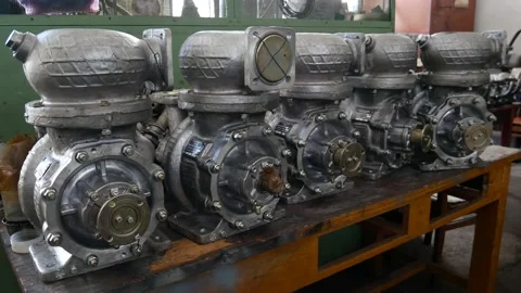 Old factory and outdated equipment. Fuel pump manufacturing. Stock Footage 148932553
