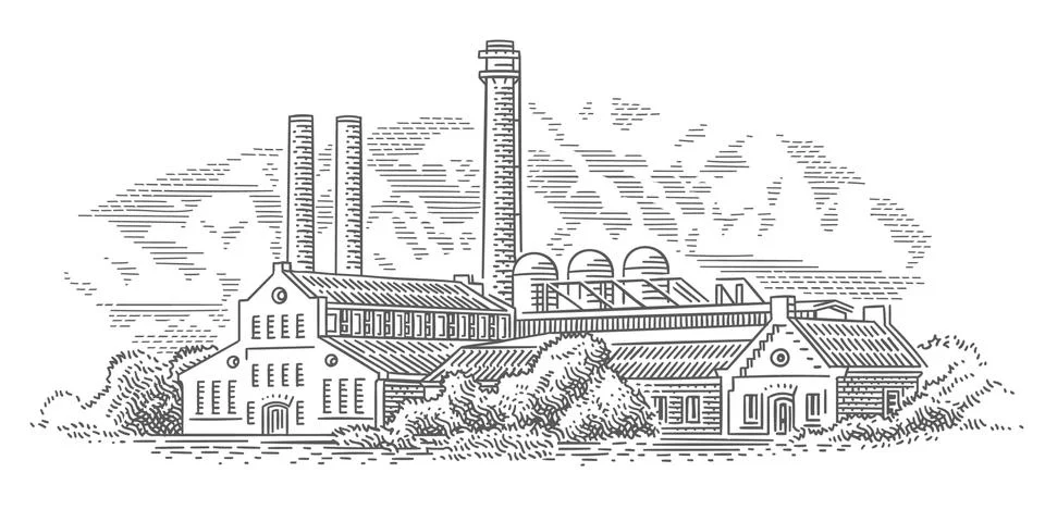 Old factory (plant) engraving style illustration. Stock Illustration