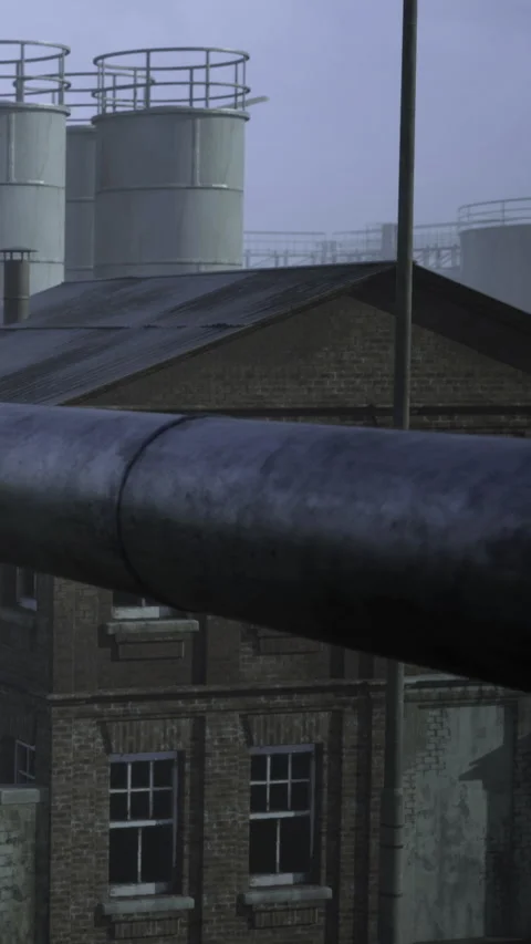 Old factory scene with a water tower and large pipe in the background Stock Footage 334264681