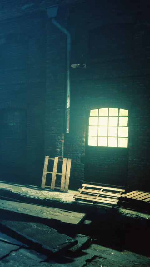 Old factory with window and pallets at night Stock Footage 336179165