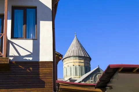 Old famous town in Georgia, Mtskheta. Old hauses and church Svetiskhoveli. Stock Photos