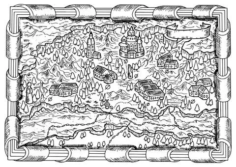 Old fantasy vector map with medieval unknown land, towns, mountain and trees  Stock Illustration