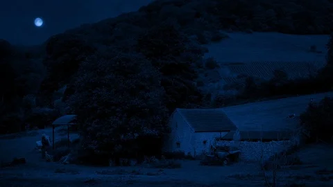 Old Farm Building In The Field At Night Stock Footage