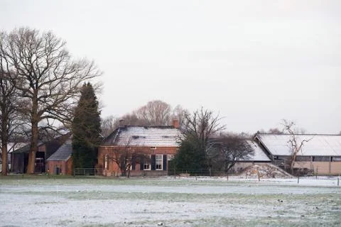 Old farm surrounded by bare trees in winter rural landscape. Stock Photos