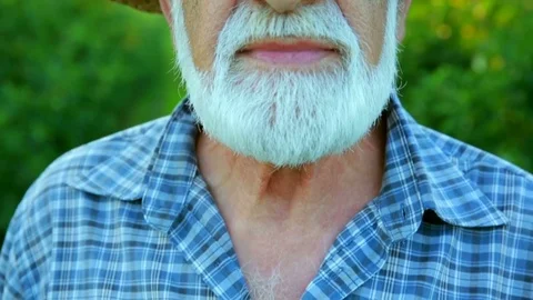 An old farmer with a beard on the field. Portrait of a farmer in a hat Stock Footage 77995757