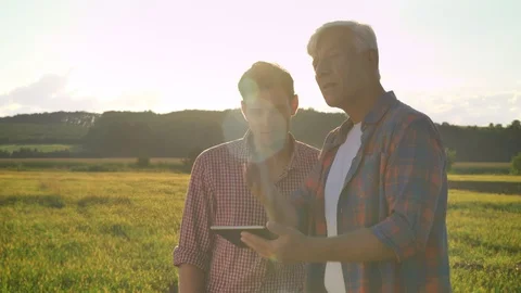 Old farmer typing on tablet and showing to his heir wheat field, teaching son Video stock 93926700