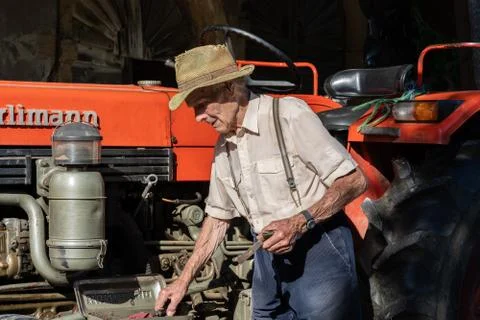 Old farmer working on red tractor under roof of farmer house in sunshine. Stock Photos