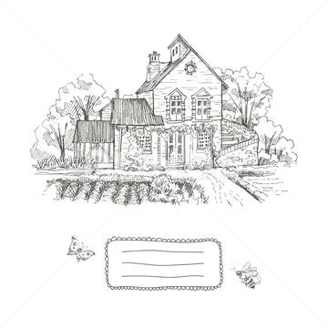 Old farmhouse and garden illustration. Frame for text. Hand drawn illustration Stock Illustration