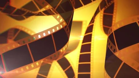 An old-fashioned 3d rendering of black and yellow film tape rolls covering th Stock Illustration