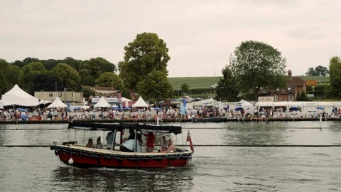 Old fashioned boat cruises down river Stock Footage 114063291